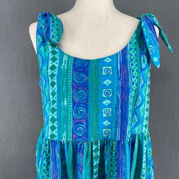 Vtg 80s 90s Two Potato Blue Artsy Midi Tiered Tie Shoulder Dress M Resort Wear - Picture 5 of 16
